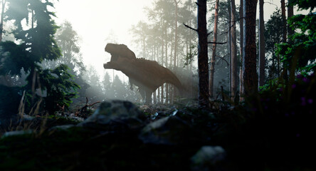Jurrasic scene - Trex dinosaur in foggy forest 3D illustration. made in Blender © Mikael Damkier