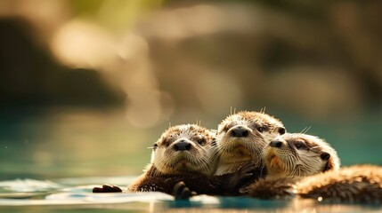 Adorable Baby Otter Floating on Back Holding Hands with Mother in a Heartwarming Moment of togetherness.