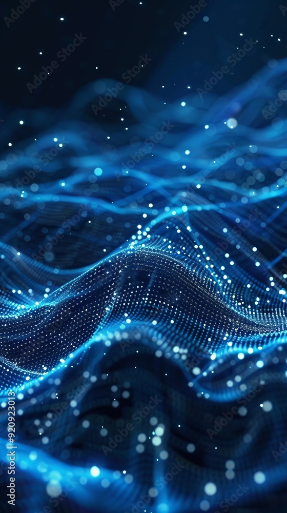 Poster a blue wave with many dots on it. the wave is very large and has a lot of dots