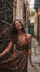 Smiling woman, flowing dress, dancing in narrow street, wrought iron gates, vibrant patterns, joyful expression, lively atmosphere. Ideal for travel, cultural themes.