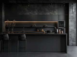 Modern black kitchen with sleek cabinetry and natural light from large windows in a contemporary home