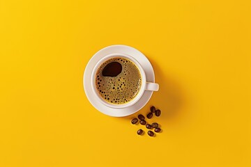 Top view of a coffee cup with beans on a yellow background. Mockup for design. 