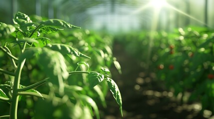 Fototapeta premium Lush Tomato Plants in Sunlit Greenhouse - Agriculture and Gardening Concept
