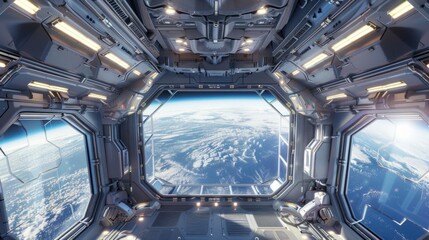 Interior of spacecraft: Earth view through large window, blue with white clouds. Futuristic grey walls, grid pattern, silver pipes/cables. Bright light, no text visible.