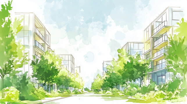 Watercolor concept of modern ecology estate