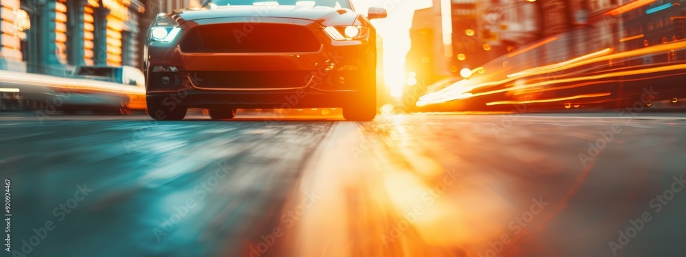 Poster a tight shot of a car traveling along a street, surrounded by buildings in the distance, and a hazy 