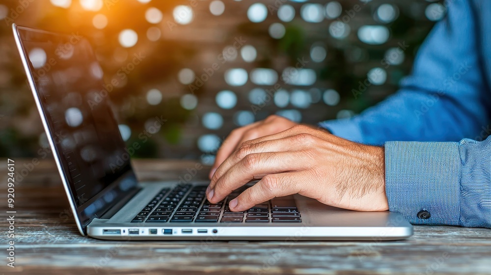 Poster close-up of a person typing on a laptop, with a bokeh background, illustrating productivity and mode