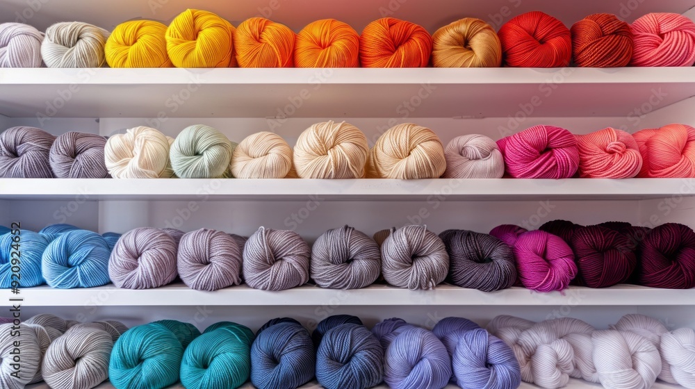 Poster a row of colorful yarns on a shelf