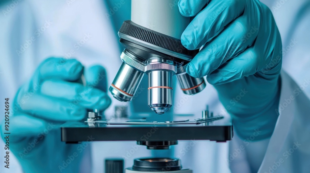 Poster close-up of a scientist's hands adjusting a microscope in a laboratory setting, highlighting precisi