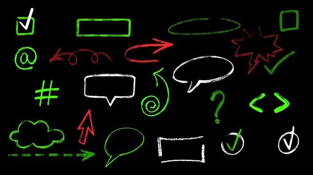 Set of doodle chalk animated drawn elements for text title, highlighter elements, arrows, circles, check marks and borders