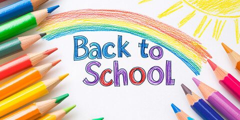A colorful drawing of the text "Back to School" with crayons and a rainbow, on a white background