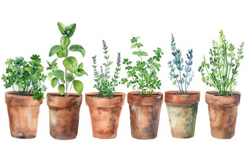 Fototapeta premium Rustic Kitchen Herb Garden. Hand-drawn Watercolor Illustration of Fresh Herbs in Pots