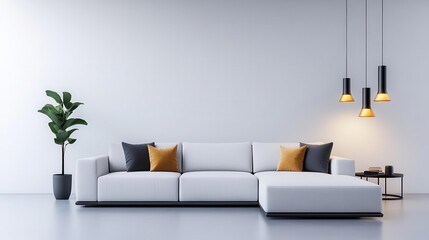 A cozy, modern living room with a large sectional sofa, soft lighting, and minimal decor, 3D Render, Neutral and Warm Tones, Inviting Atmosphere