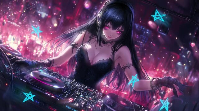 A gothic anime-style DJ girl character dressed in a black dress.