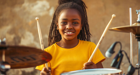 Pretty African girl with drumsticks. She likes playing drums 