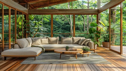 Fototapeta premium A modern living room with light wooden floors, a soft beige sofa, and expansive windows that let in plenty of sunlight