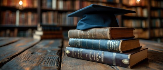 close up academic cap with diploma on table at old school library with vintage books stack
