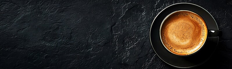 A cup of hot coffee on a black slate background.