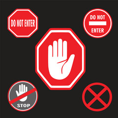Set stop red sign icon with white hand, do not enter. Warning stop sign - stock vector