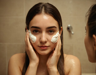 A beautiful girl taking care of her skin washing face with facewash