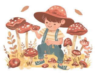 Fototapeta premium Child picking up mushrooms illustration. AI generated