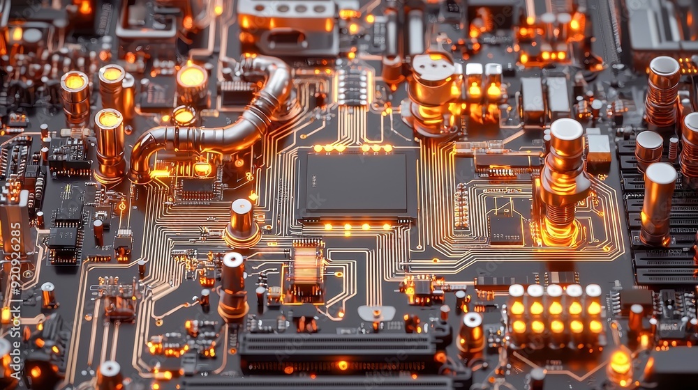 Poster close-up of a complex circuit board with glowing components, showcasing modern technology and intric