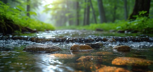quiet nature landscape small creek flow in green forest with sunlit,