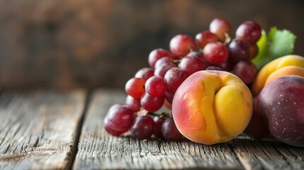 Abundant Harvest: Grapes and Peaches Still Life on Wooden Table