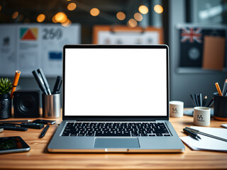  Laptop Mockup on Work Desk
A modern laptop mockup placed on a work desk, surrounded by office supplies, suitable for showcasing digital products or websites.