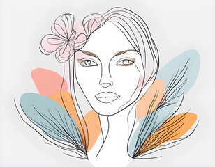 colorful Abstract woman face with flowers by one line vector drawing. Portrait minimalistic style background