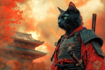 surreal digital art of a manx cat samurai warrior poised for action in vibrant colors against a backdrop of ancient japanese architecture