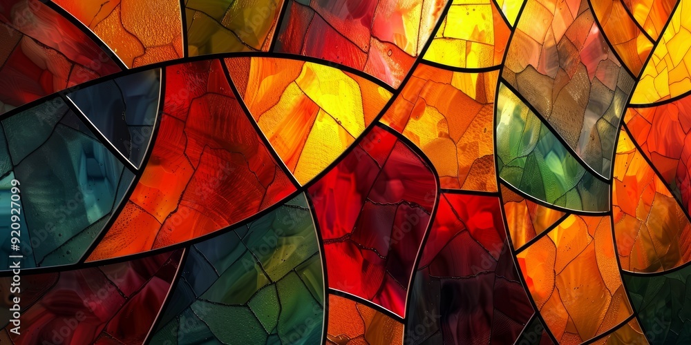 Poster a vibrant stained glass piece in a mosaic pattern showcasing a captivating array of brilliant colors
