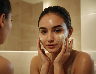 A beautiful girl taking care of her skin washing face with facewash