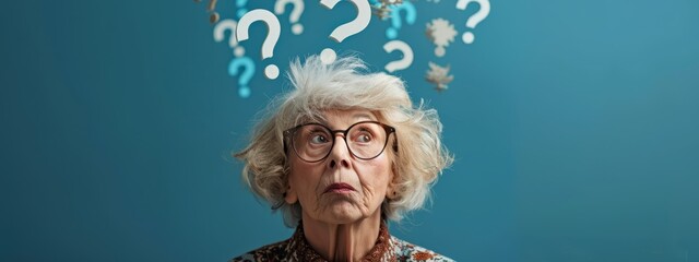  A woman in glasses, querying gaze denoted by question marks above her head, set against a blue backdrop