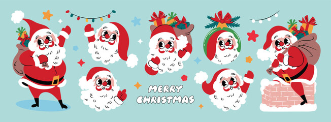 Christmas cartoon characters and elements. Cute Santa Claus  collectiont. Holidays greeting for design, poster, print, background.