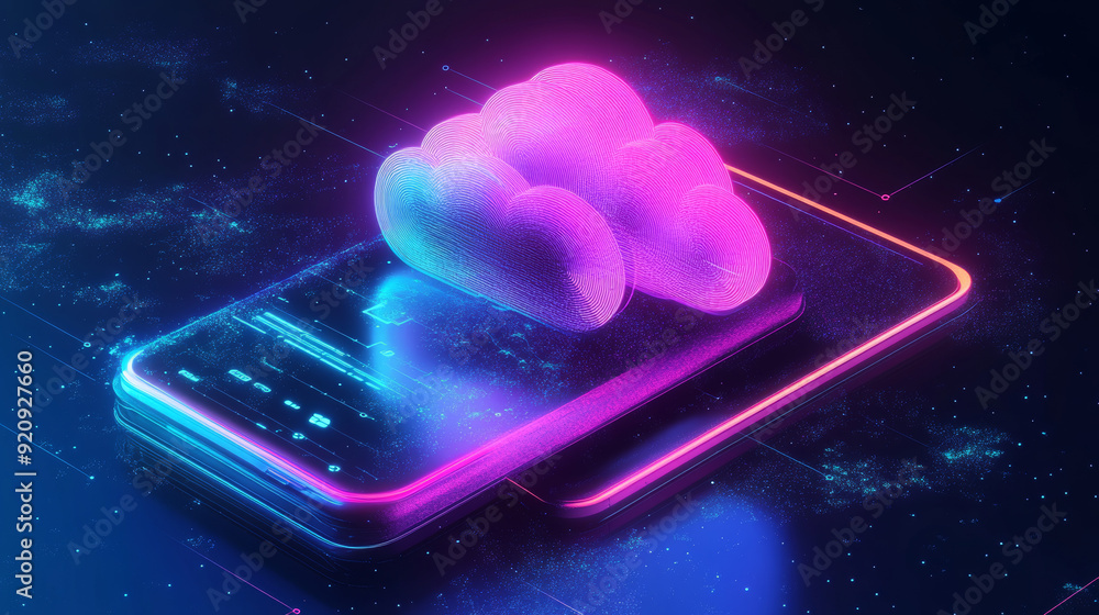 Poster cloud computing concept. secure data exchange on a smartphone or other mobile device, with online st