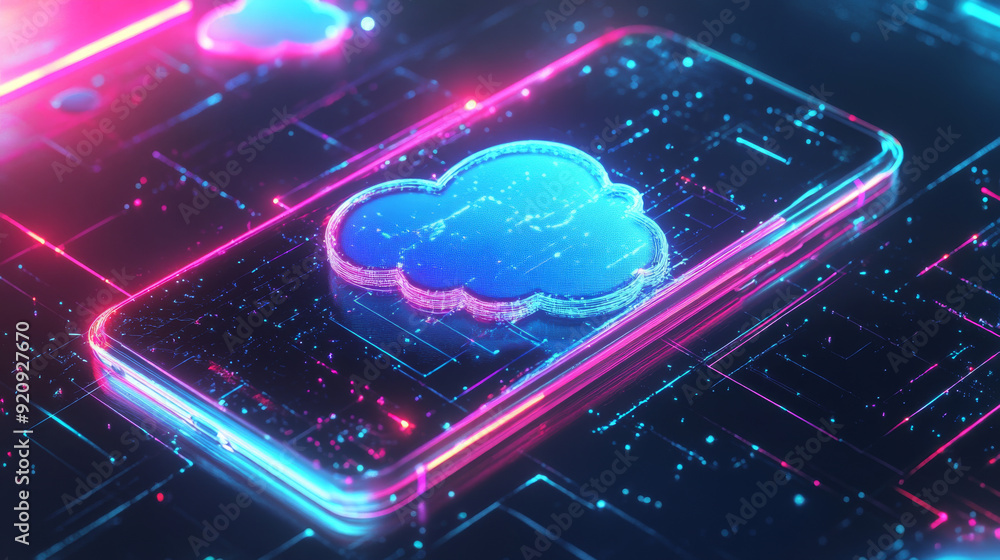Aufkleber cloud computing concept. secure data exchange on a smartphone or other mobile device, with online st