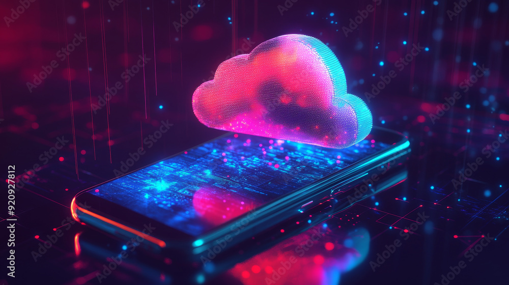 Poster cloud computing concept. secure data exchange on a smartphone or other mobile device, with online st