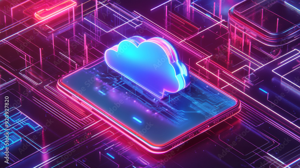 Poster cloud computing concept. secure data exchange on a smartphone or other mobile device, with online st