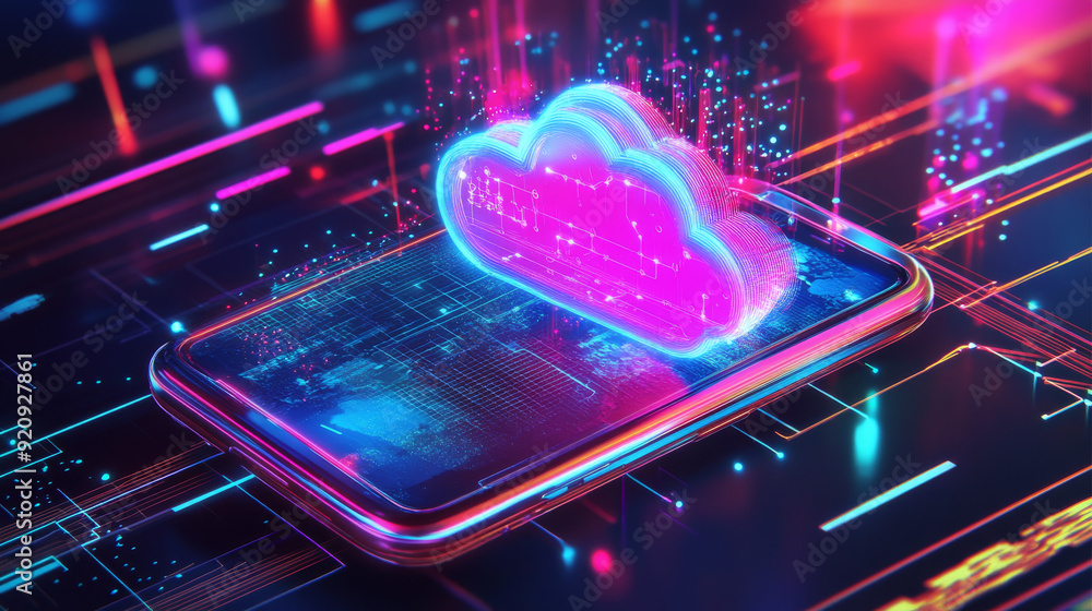 Aufkleber cloud computing concept. secure data exchange on a smartphone or other mobile device, with online st