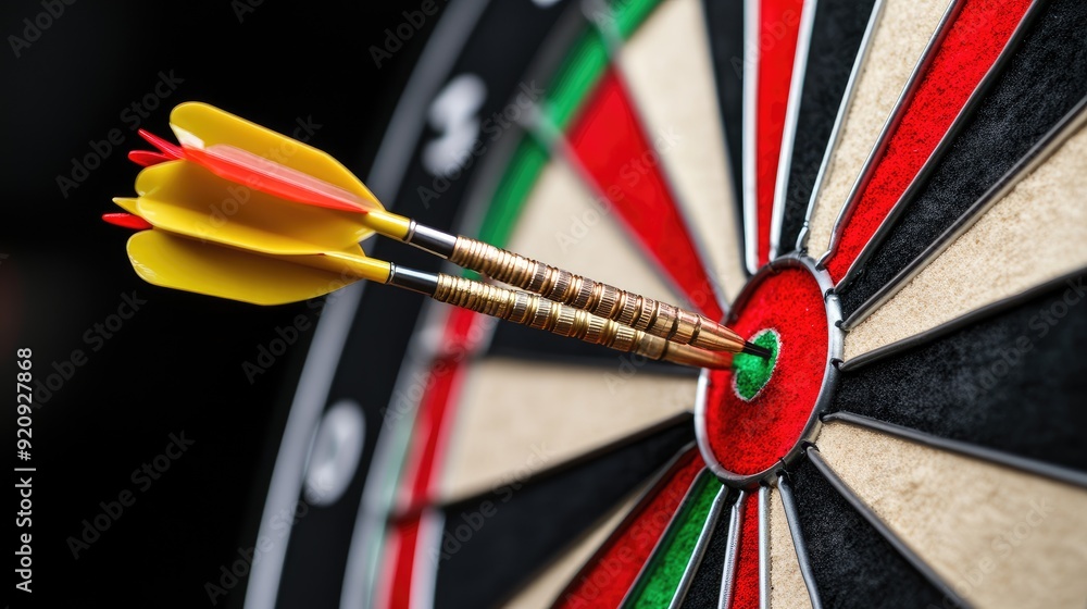 Poster two darts hit the red bullseye of a target, showcasing a precise shot with a clear focus on achievem