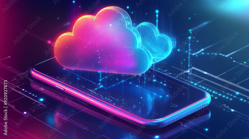 Poster cloud computing concept. secure data exchange on a smartphone or other mobile device, with online st
