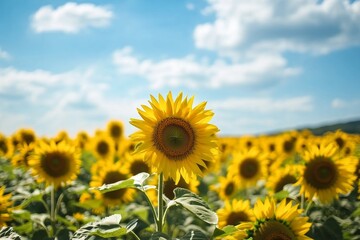 Obraz premium Sunflower field in full bloom under a clear blue sky during midday