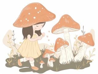 Child picking up mushrooms illustration. AI generated