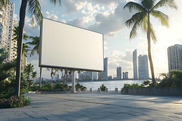 Blank billboard on the waterfront with a city skyline in the background.