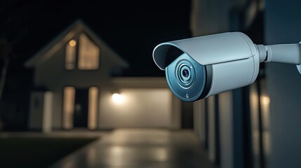 Illuminated Night Security with Wireless CCTV Camera on Isolated House Background