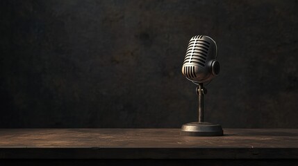 Podcasting and radio concept with retro microphone and headphones on empty wooden table and dark blank wall background with place for your logo or text. 3D rendering, mock up