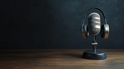Podcasting and radio concept with retro microphone and headphones on empty wooden table and dark blank wall background with place for your logo or text. 3D rendering, mock up