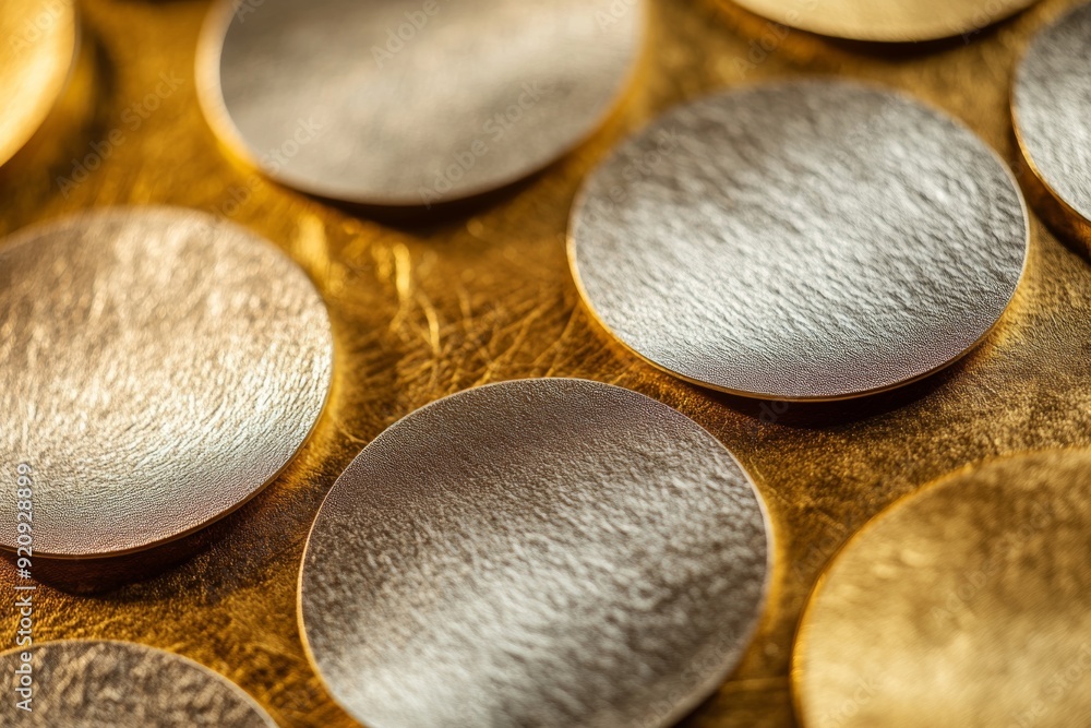 Poster a delightful array of gold and silver circular patterns glints under soft light, showcasing craftsma