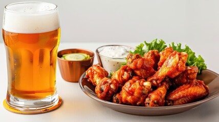 Chilled beer, buffalo wings, flat design illustration
